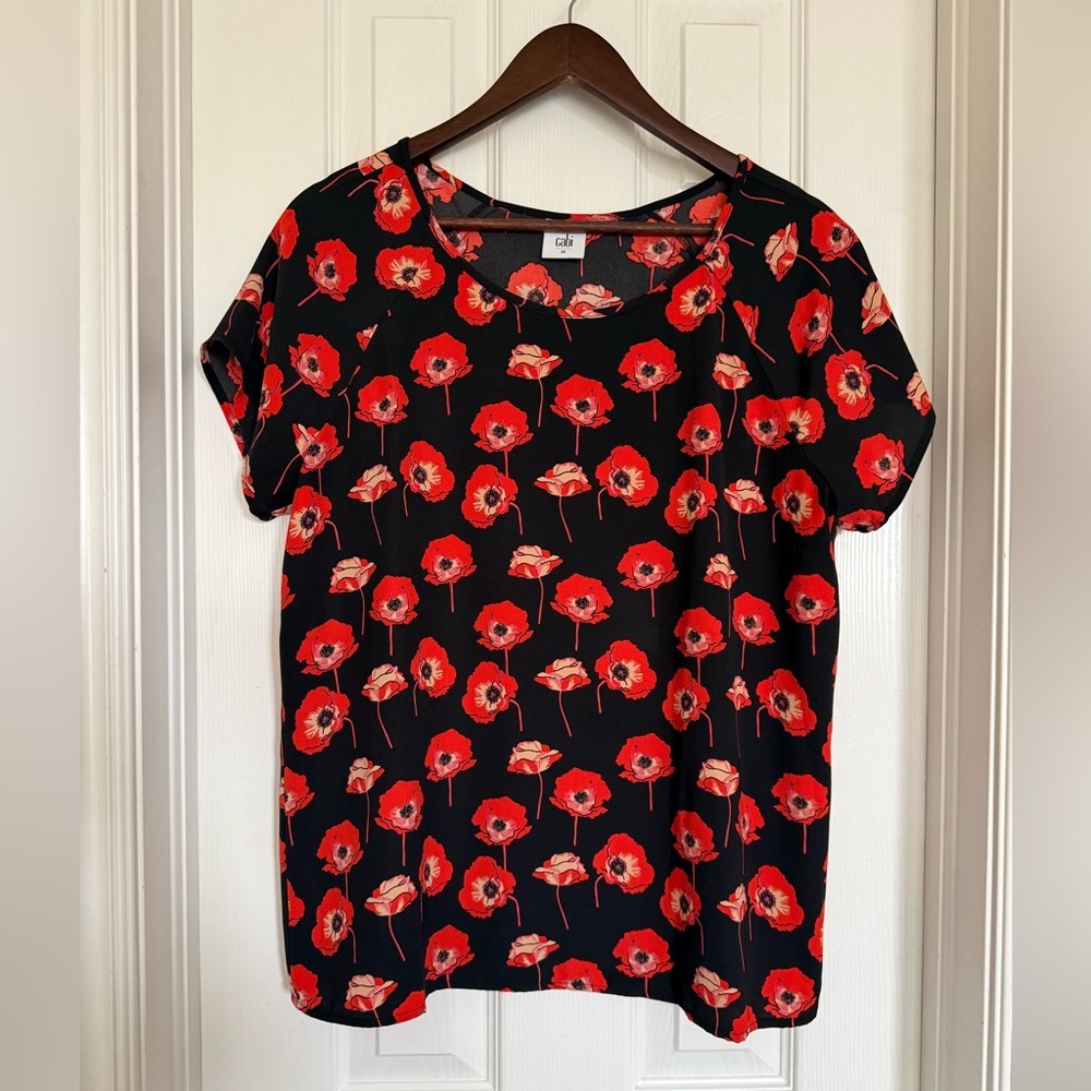 CAbi Black Top with Red Poppy Floral Print - Picture 2 of 11